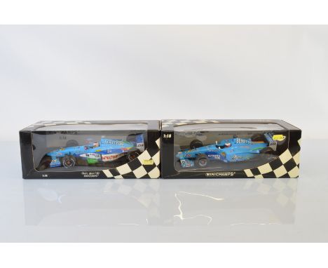 Two Paul's Model Art Minichamps Benetton Formula 1 1/18 scale models, Benetton Playlife B200 J. Button and Benetton Formula 1