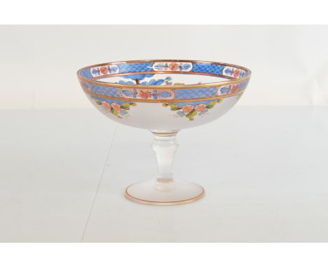 A contemporary Bohemian glass frosted comport, with enamel floral decoration, heightened in gilt, bearing acid etched signatu