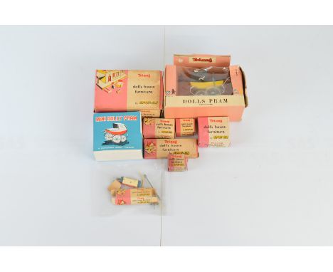 A boxed Tri-ang Spot-On  #1035 Dolls Pram  in yellow/black, G+/VG in F/G box, together with a hard to find 'Mini Dolly Pram' 