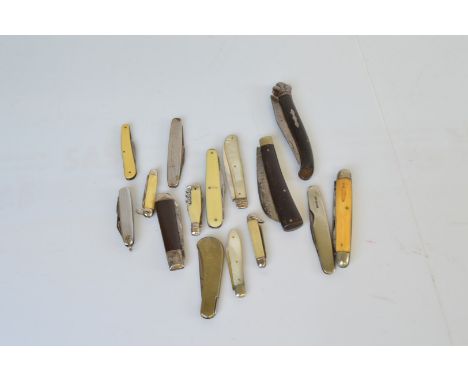 A collection of Pen knives, including a mother of pearl fruit example, another similar a Saynor example, a Bizet with Fleur D