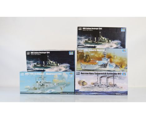 Five Trumpeter 1:350 scale model kits, 05335 HMS Roberts Monitor, 04545 HMS Type 23 Frigate- Montrose (F236), 2x 05331 HMS Es