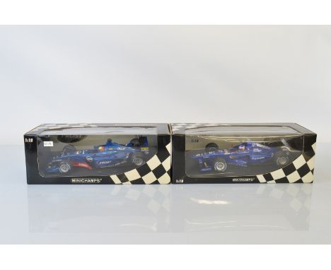 Two Minichamps Prost Formula 1 1/18 scale models, Prost AP04 L. Burti and Prost Peugeot AP 01 J. Trulli, boxed (2)