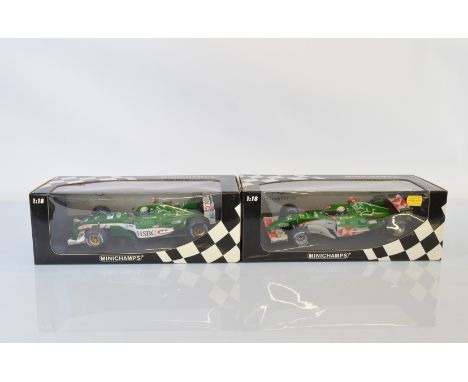 Two Paul's Model Art Minichamps Jaguar Formula 1 1/18 scale models, Jaguar Racing R4 M. Webber and Jaguar Racing R5 M. Webber
