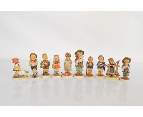 A collection of ten Hummel children figurines, including Home from Market, Doctor, Goose Girl, School Girl and others, some w