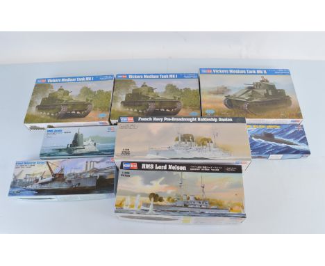 Eight Hobby Boss 1:35 and 1:350 scale model kits, 83509 HMS Astute, 2x 83878 Vickers Medium Tank Mk.1, 86503 French Navy Pre-