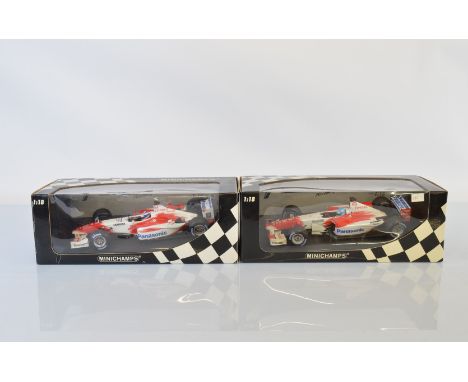 Two Minichamps Toyota Formula 1 1/18 scale models, Toyota TF102 M. Salo and Panasonic Toyota Racing Showcar 2004 O. Panis, bo