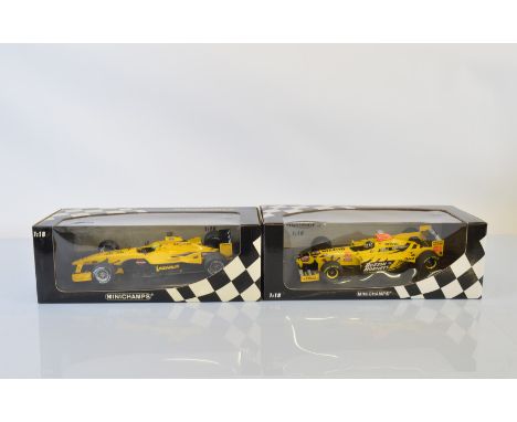 Two Minichamps Jordan Formula 1 1/18 scale models, Jordan Mugen Honda 198 D. Hill and Jordan Presentation 2004 G. Pantano, bo