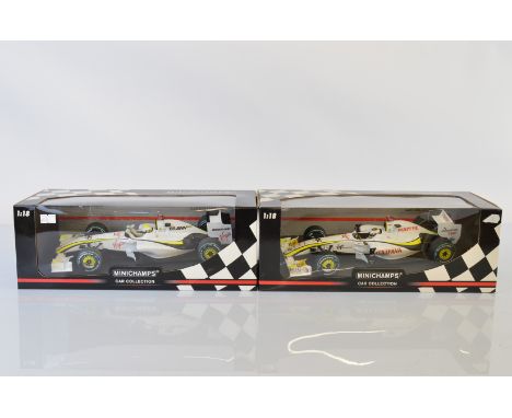 Two Minichamps Car Collection limited edition Brawn Formula 1 1/18 scale models, Brawn GP BGP 001 J. Button Brazil GP 2009 an