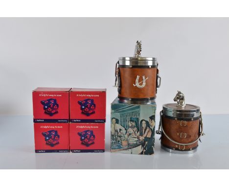 An equestrian themed ice bucket, having leather effect body with applied stirrup and horse head mounts, horseshoe and whip ba