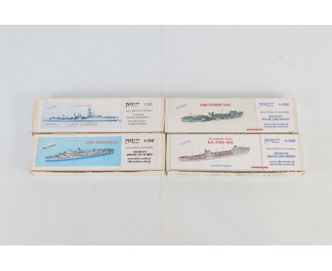 Four Niko 1:700 scale resin model kits, all Water Line Series comprising 7083 SS Ohio 1942, 7013 ORP Conrad, 7080 HMS Athene 