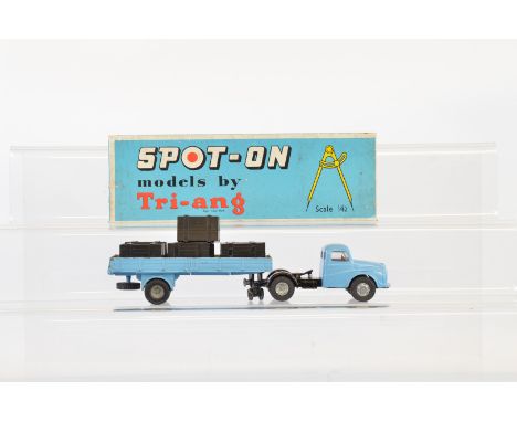 A boxed Tri-ang Spot-On 106A/1C Austin Prime Mover,  with Articulated Flat Float with Sides and Crate Load in light blue, app