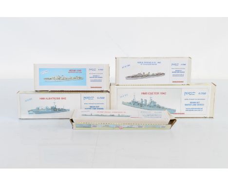 Five Niko 1:700 scale resin model kits, all Water Line Series comprising 7078 HMS Albatross 1942, 7020 Nizam 1940, 7088 HMS D