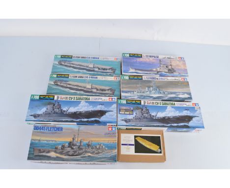 Seven Tamiya 1:700 scale model kits, Water Line Series 78012 DD445 Fletcher, 2x 31711 CVE-9 Bogue with Fstar FS700025 super s