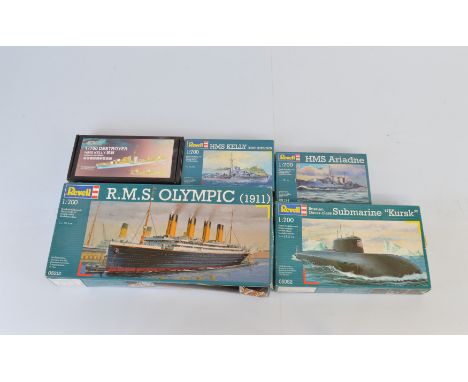 Four Revell 1:700 scale model kits, 05134 HMS Ariadne, 05052 Submarine Kursk, 05212 RMS Olympic 1911, 05120 HMS Kelly (HMS Ki