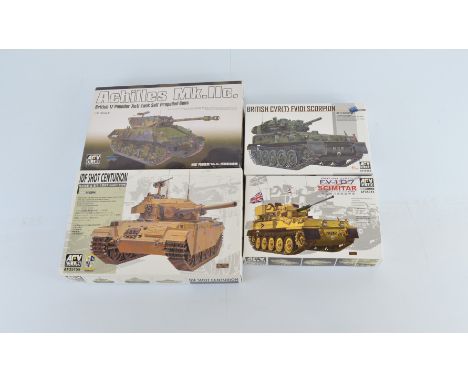 Four ARV Club 1:35 scale model kits, AF35S02 British CVR(T) FV101 Scorpion, AF35013 FV107 Scimitar, AF35159 IDF Shot Cenurion