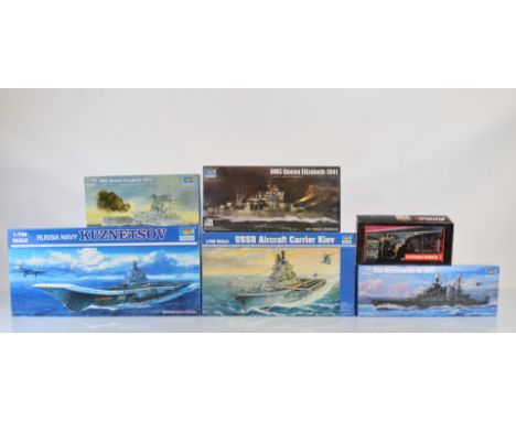 Five Trumpeter 1:700 scale model kits, 05794 HMs Queen Elizabeth 1941 with a Flyhawk FH780009 detail set, 05769 USS Maryland 