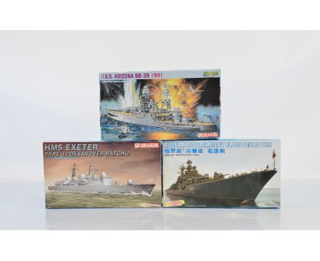 Three Dragon 1:700 scale model kits, 7027 Russian Sovremenny Class Destroyer, 7020 HMS Exeter Type 42 Destroyer Batch 2, 7053