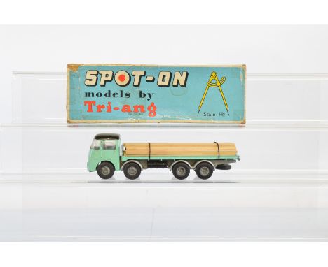 A boxed Tri-ang Spot-On 109/2P ERF 68G, with Flat Float  with Plank Load  in light turquoise with black roof, appears G, in a