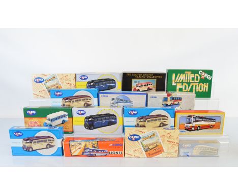Fifteen Corgi boxed bus models, including Limited Edition, Commercials From Corgi, Lionel, Island Transport, etc, boxed (15)