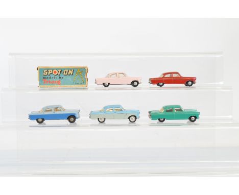 Five Ford Zodiac models from the Tri-ang Spot-On range, mostly unboxed, including four 100 Ford Zodiac models in hard to find