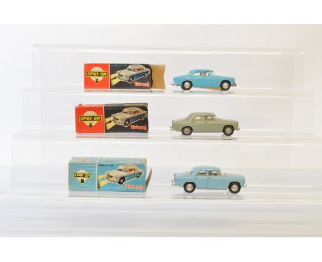 Three boxed Tri-ang Spot-On 157SL Rover 3 litre diecast model cars, including two models in sightly different shades of light