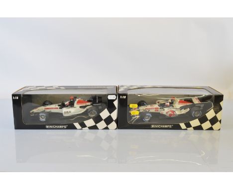 Two Minichamps Honda Formula 1 1/18 scale models, Honda Racing F1 Team RA106 R. Barrichello 2006 and B.A.R Honda 007 J. Butto