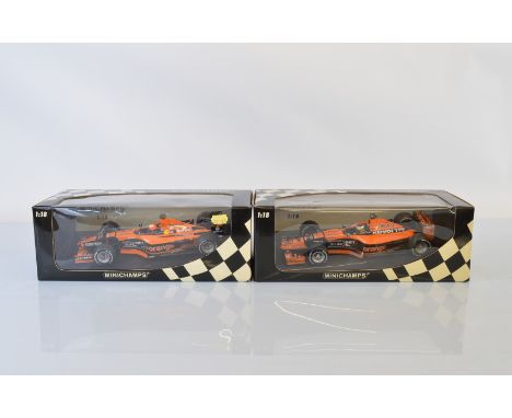 Two Paul's Model Art Minichamps Arrows Formula 1 1/18 scale models, Orange Arrows Asiatech A22 E. Bernholdi and Arrows Supert