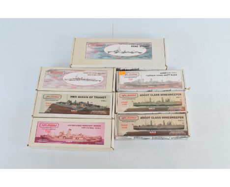 Seven AJM Models 1:350 and 1:700 scale model kits, 350-004 HMS Stuart, 350-002 HMS Queen Of Thanet, 700-012 HMS Vindictive, 7