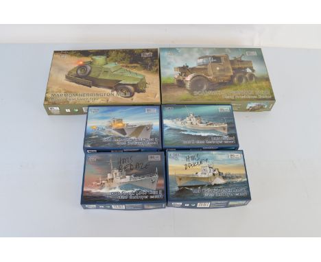 Six IBG Models 1:700 and 1:35 scale model kits, 35029 Scammell Pioneer SV2S, 35023 Marmon-Herrington Mk II, 70004 HMS Badswor