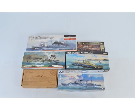 Five Flyhawk 1:700 model kits, FH1105S HMS Campbeltown 1942, FH1112 HMS Naiad 1940, FH1300 SMS Derfflinger 1916 with FH780002