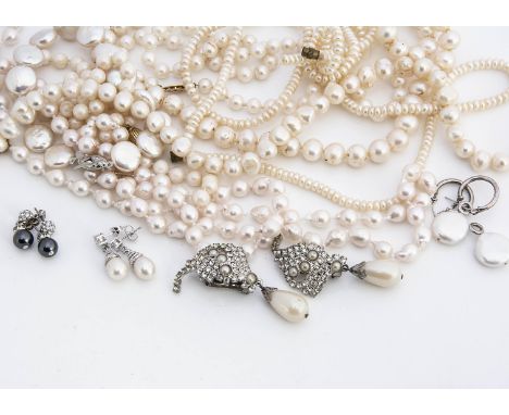 A collection of freshwater and cultured pearl necklaces and earrings, 736g