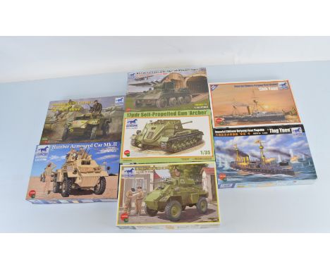 Seven Bronco Models 1:35 and 1:350 scale model kits, CB35009 Humber Scout Car Mk. 1, CB35081 Humber Armoured Car Mk. IV, CB35