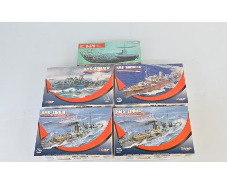 Five Mirage Hobby 1:350 and 1:400 scale model kits, 40411 U5-70, 2x 350802 HMS Zinnia, 350803 HMS Spiraea, 350801 HMS Anchusa