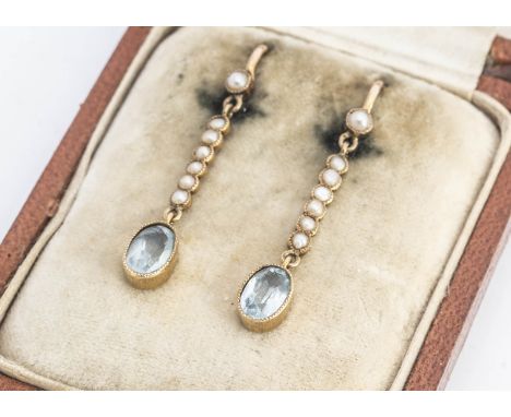 A pair of early 20th Century seed pearl and aquamarine drop earrings, in a fitted P Orr &amp; Sons Madras &amp; Rangoon jewel