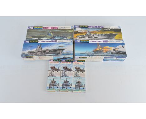 Seven Aoshima 1:700 scale model kits, 010303 US Aircraft Carrier Wasp, 010327 US Aircraft Carrier Wasp, 010181 HMS Arkroyal, 