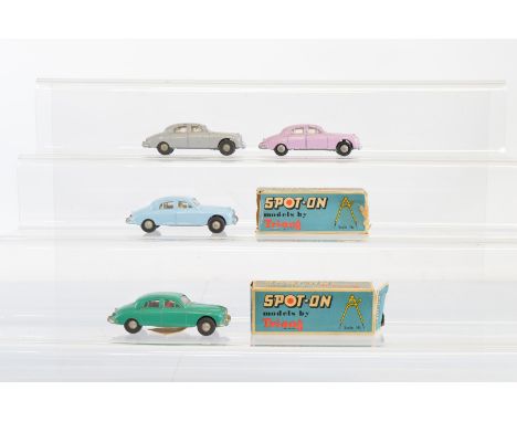 Four Tri-ang Spot-On 114 Jaguar 3.4 Saloon models,  including sea green, G+ in P/F box and  light blue, G+ in P box, together