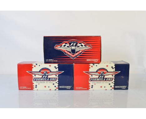 Three limited edition Minichamps Action Indianapolis Formula 1 1/18 scale models, US Grand Prix IMS Event Car 2000 F1 Car 1 o
