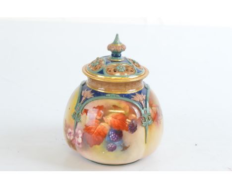 A Royal Worcester James Hadley porcelain pot and cover, with lobbed moulded body and painted black berries, green factory mar
