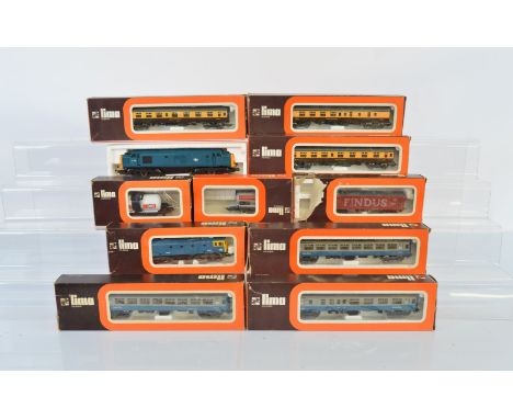 Lima OO gauge model railway, two diesel electric locomotives, together with six coaches and three wagons, all boxed (11)