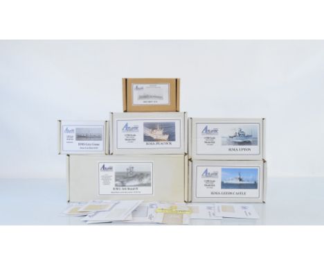 Six Atlantic Models model kits, including two 1:700 scale examples ATK27 HMS Ark Royal IV and ATK059 HMS Swift 1914, four 1:3