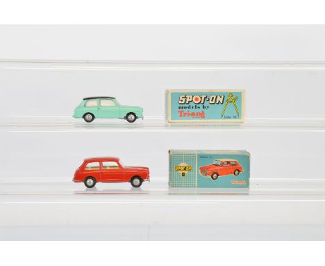 Two boxed Tri-ang Spot-On 154 Austin A40 models,  including light turquoise with black roof, G+/VG in G+/VG box with correct 