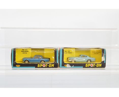 Two boxed Tri-ang Spot-On diecast car models,  including a 261 Volvo P1800 in light blue, G+/VG in G box with some surface pa