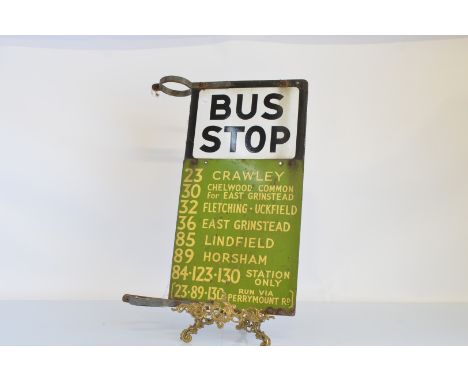 An early to mid 20th century London Bus Stop enamel sign, double sided, stops including Crawley, East Grinstead, Lindfield, e