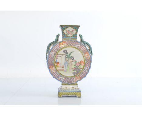 A 19th century Chinese porcelain twin handled moon flask, famille rose decoration, figures in a landscape, within a pink and 