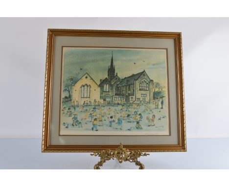 A signed Allium Trowski print, School and Playground with Children at Play, framed and glazed, 42cm x 51cm 