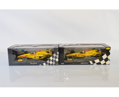 Two Minichamps Peugeot Formula 1 1/18 scale models, Jordan 197 Peugeot G. Fisichella and Paul's Model Art 180 Jordan F1 Fisic