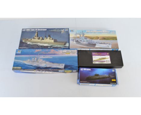 Four Trumpeter 1:350 scale model kits, 05350 HMS Exeter with Infini IM-535017R1 Detail-Up set, 04550 HMS Type 45 Destroyer, 0