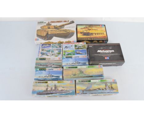 Eleven Tamiya model kits, including 1:700 scale Water Line Series examples, 1:35 scale 35154 Challenger 1 Mk.3, 1:20 scale 25