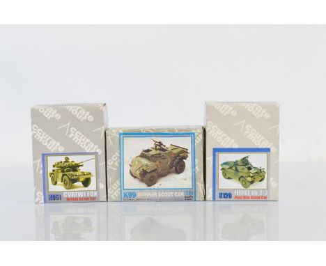 Three Accurate Armour 1:35 scale model kits, K051 CVR(W) fox Scout Car, K99 Humber Scout Car, K120 Ferret Mk-2/3 Post War Sco