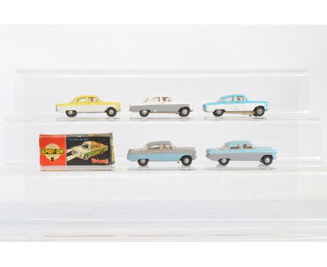 Five Tri-ang Spot On 100 S/L Ford Zodiac with Lights models,  including a less common  blue over white model, G+ in P box tog
